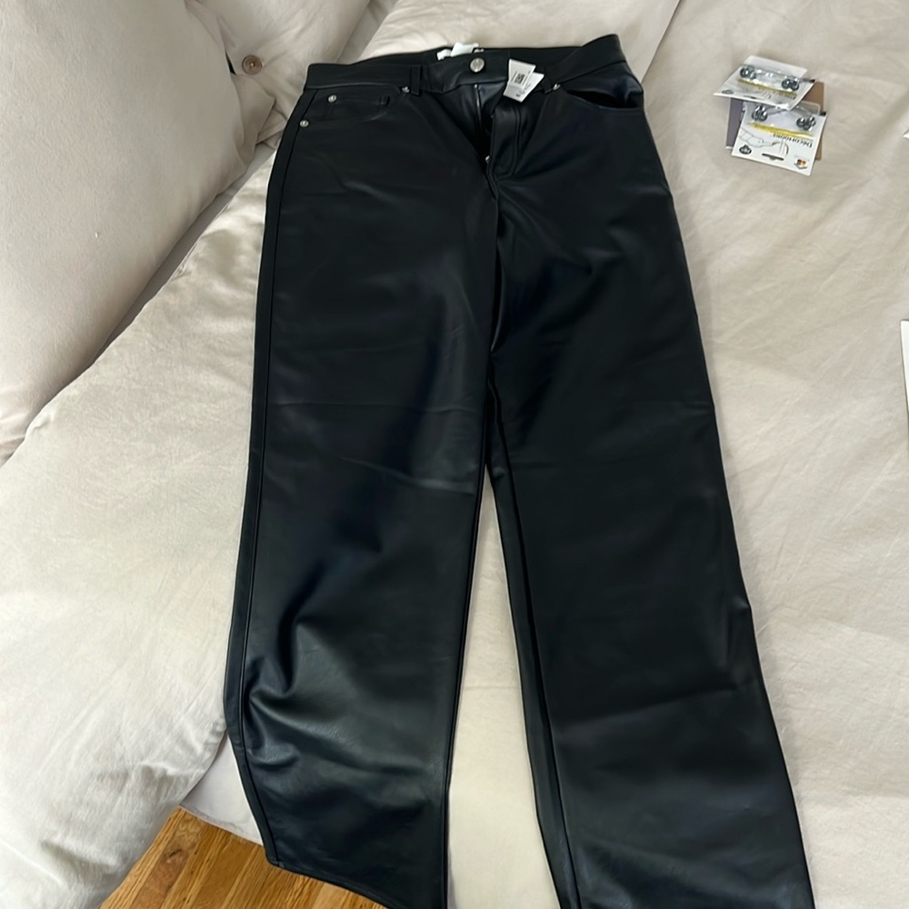 Black leather straight leg pants